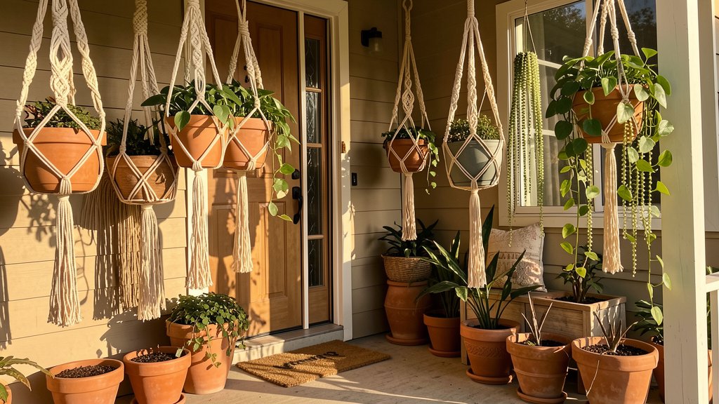 Boho macrame hanging planters on a front porch