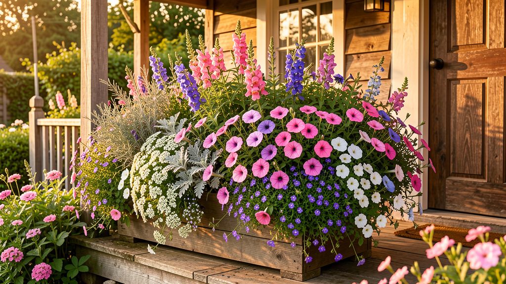 Cottage garden flowers overflowing from a front porch planter