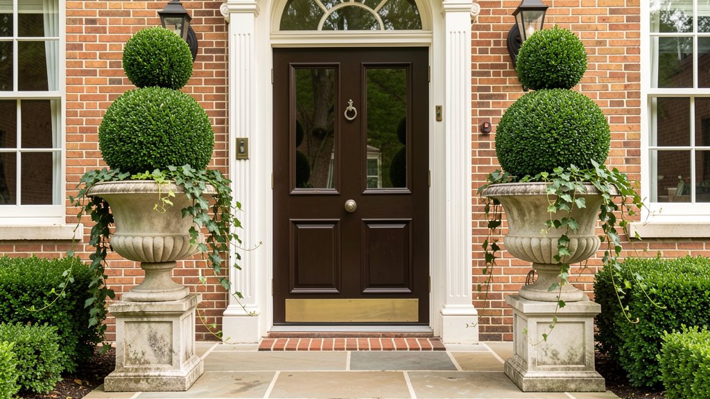 Matching stone urns with boxwood topiary flanking a front door