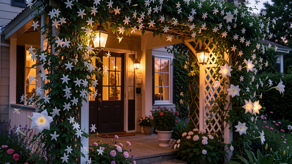 Fragrant jasmine planter on a front porch at dusk