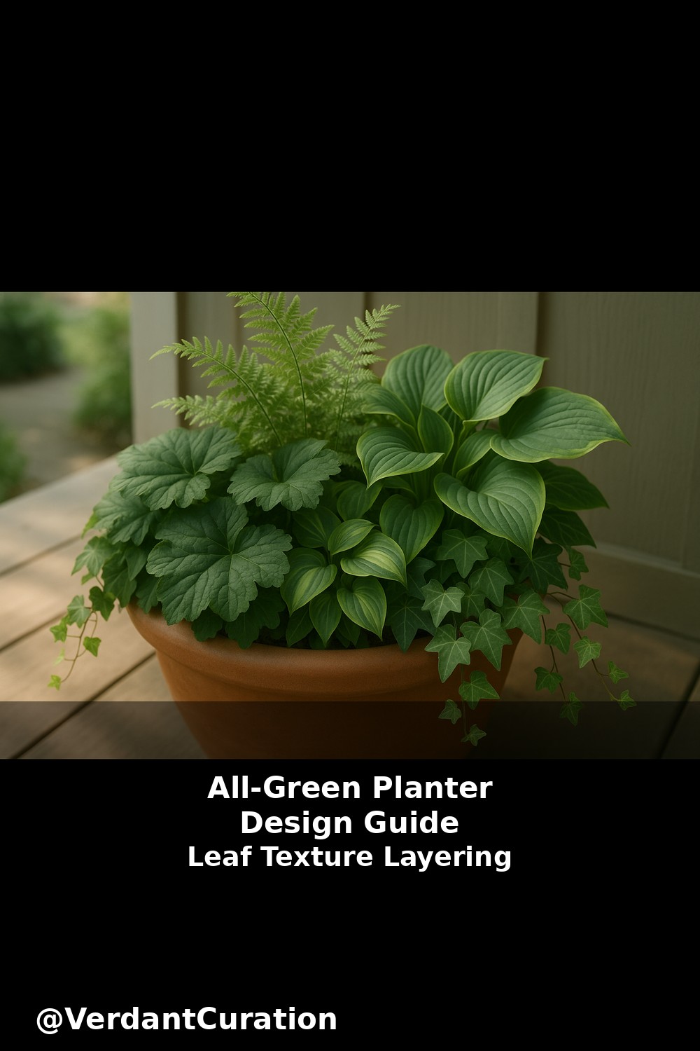 Lush monochromatic green foliage arrangement with ferns and tropical leaves in ceramic pot