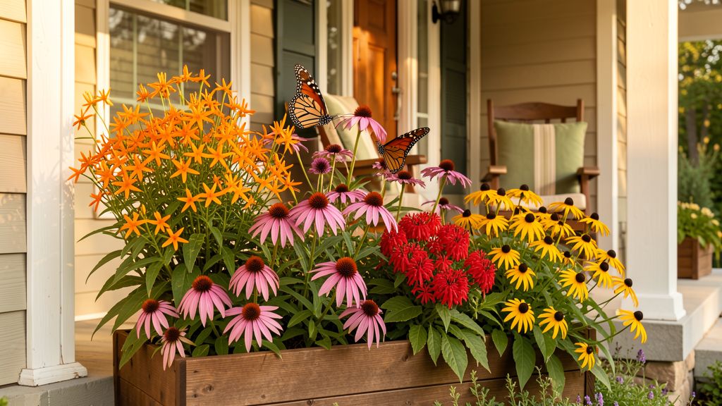 Colorful pollinator garden planter with butterfly milkweed and echinacea