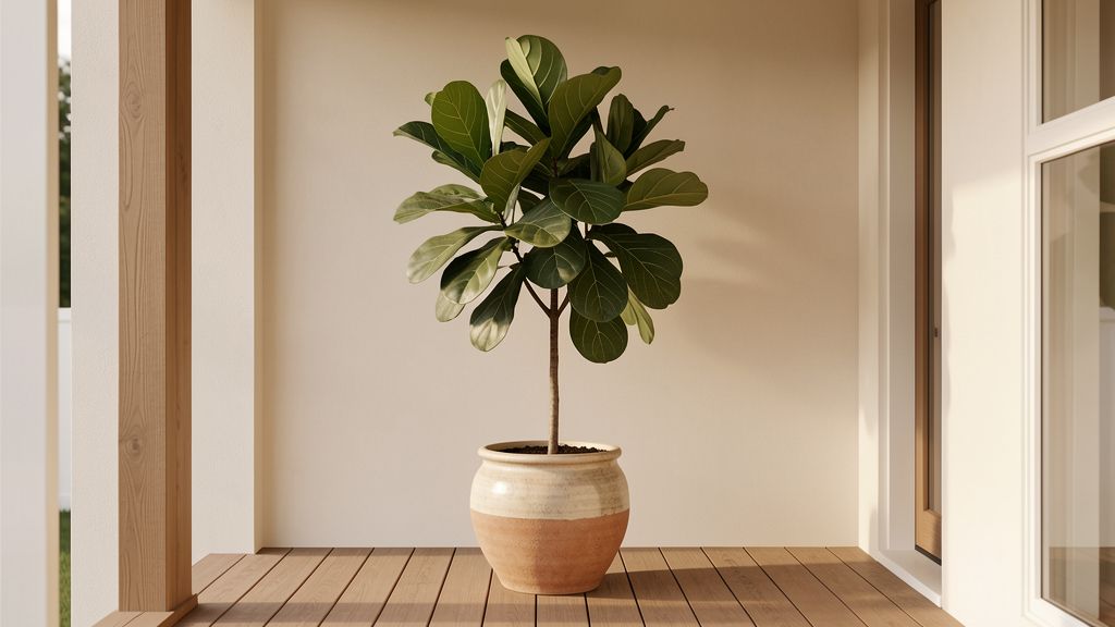 Single Fiddle-leaf fig statement plant on a front porch