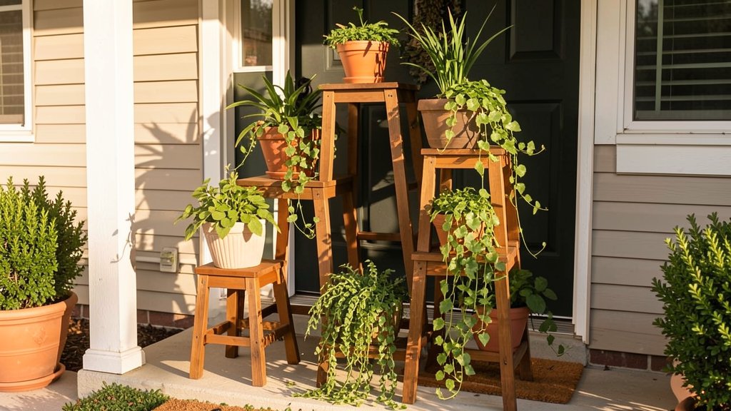 Tiered plant stand garden on a front porch