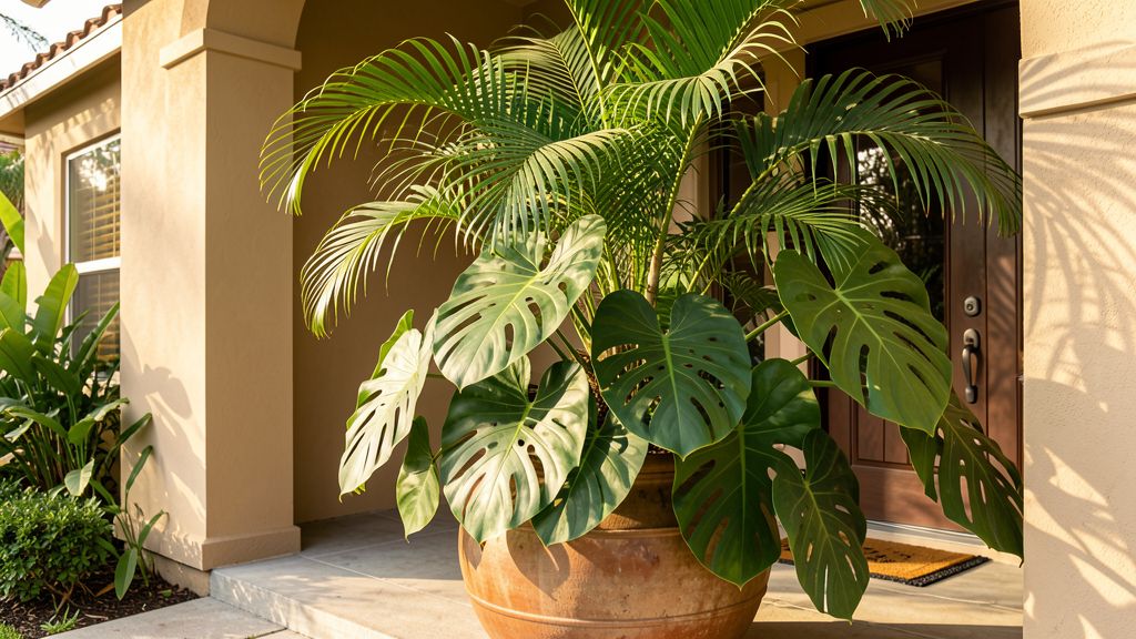 Tropical giant leaves with Monstera deliciosa and Bamboo Palm flanking a front door
