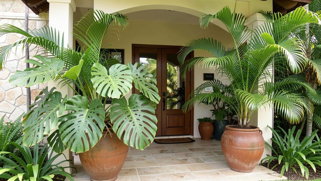 Tropical monstera and palm on a front porch