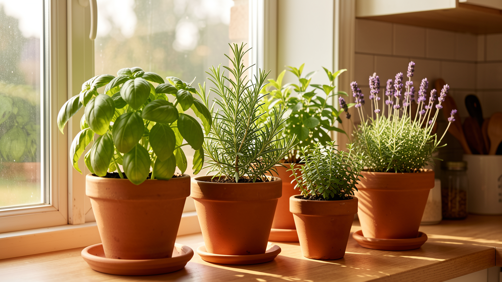 Fresh herbs in ceramic pots on a kitchen windowsill