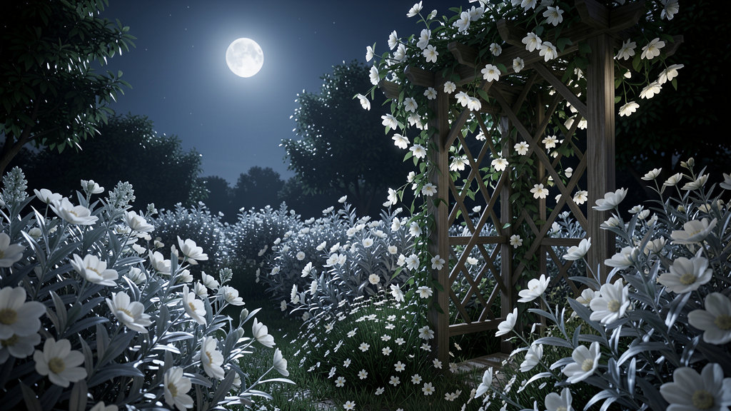 Moonlit garden with white flowers glowing at night